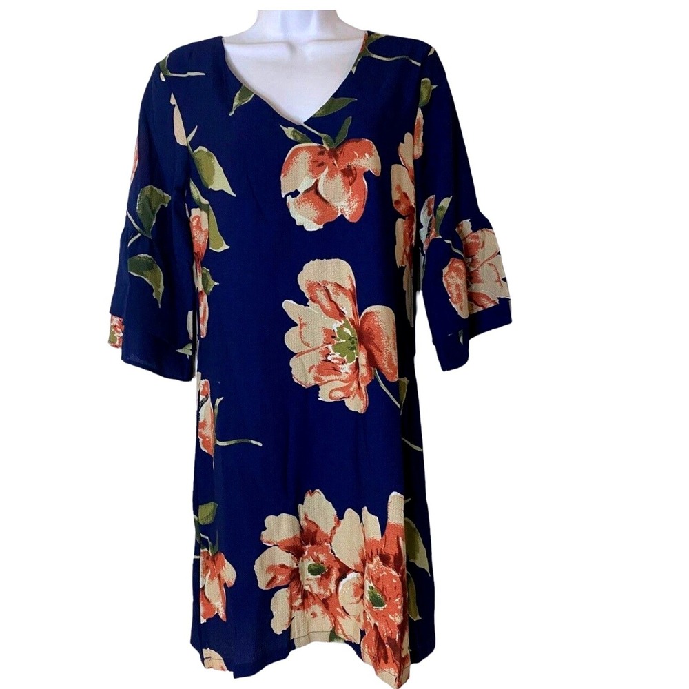 Belongsci Womens XL Navy Blue Floral V-Neck Bell Sleeve Shift Dress Mini A3